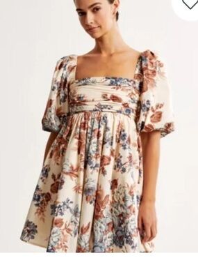 Floral Square-Neck Puff Sleeve Dress in Cream and Rust